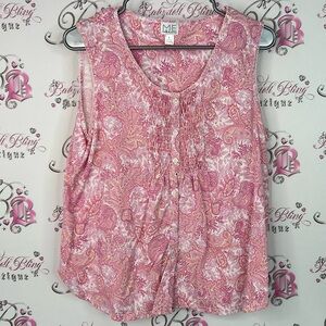 Miss Elaine ME tank top buttons smocked detail boho Pink Paisley Blouse